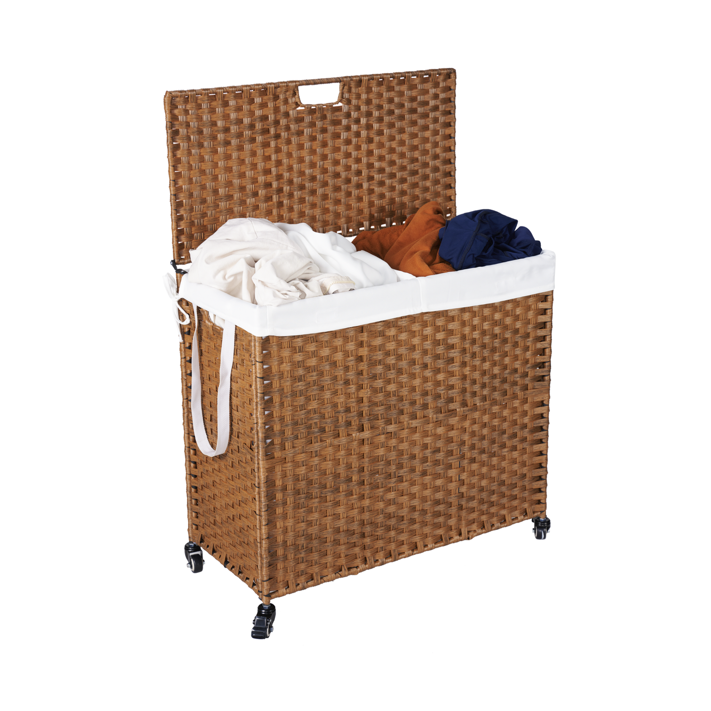 Laundry Hamper With Lid PE Rattan Powder Coating Frame Clothes Hampers with 02 Removable Bags, Wheels, 160L, Brown Color himalipasal