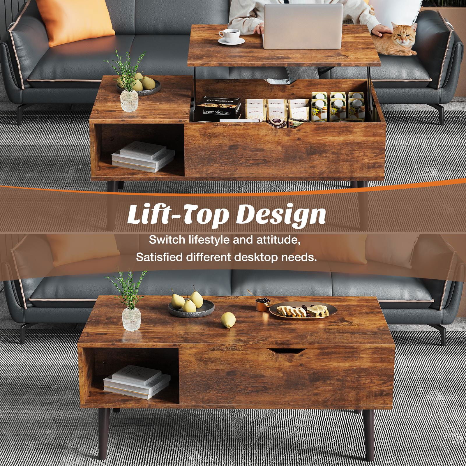 Lift Top Coffee Table ，Wooden Furniture with Hidden Compartment and Adjustable Storage himalipasal