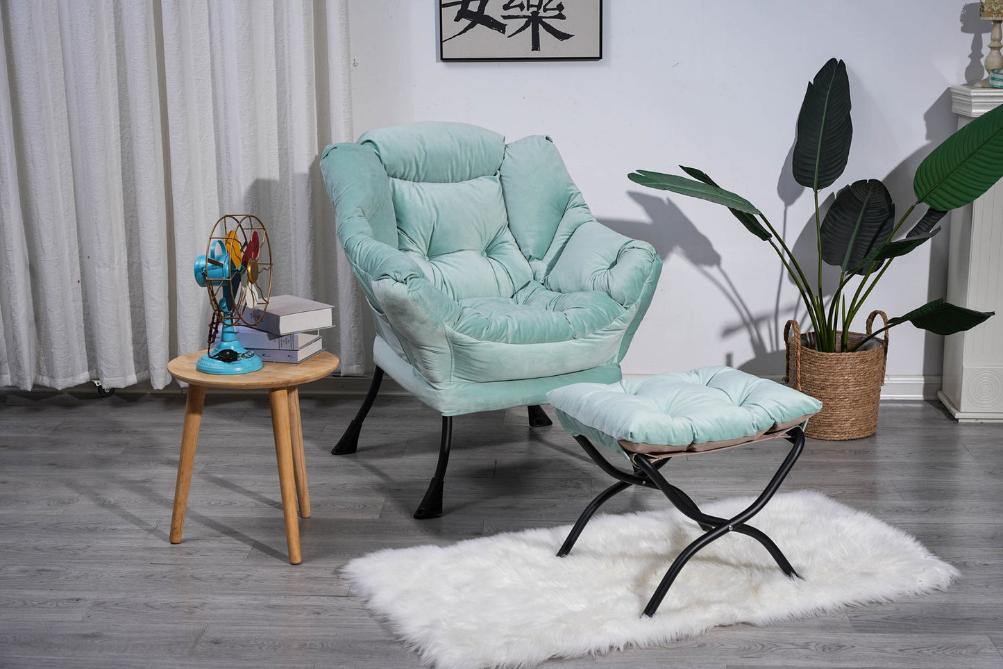 Living Room Chairs Modern Cotton Fabric Lazy Chair, Accent Contemporary Lounge Chair, Single Steel Frame Leisure Sofa Chair with Armrests and A Side Pocket (Green ),with ottoman ,with footrest himalipasal