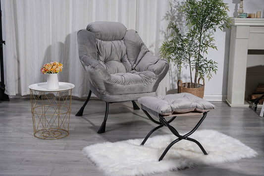 Living Room Chairs Modern Cotton Fabric Lazy Chair, Accent Contemporary Lounge Chair, Single Steel Frame Leisure Sofa Chair with Armrests and A Side Pocket (Light Gray ),with ottoman ,with footrest himalipasal