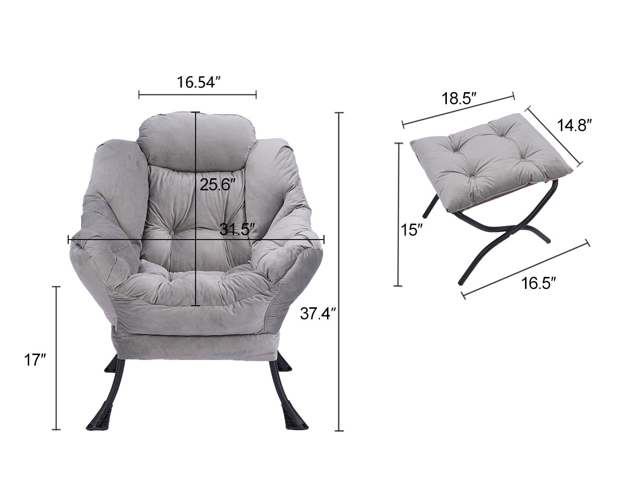 Living Room Chairs Modern Cotton Fabric Lazy Chair, Accent Contemporary Lounge Chair, Single Steel Frame Leisure Sofa Chair with Armrests and A Side Pocket (Light Gray ),with ottoman ,with footrest himalipasal