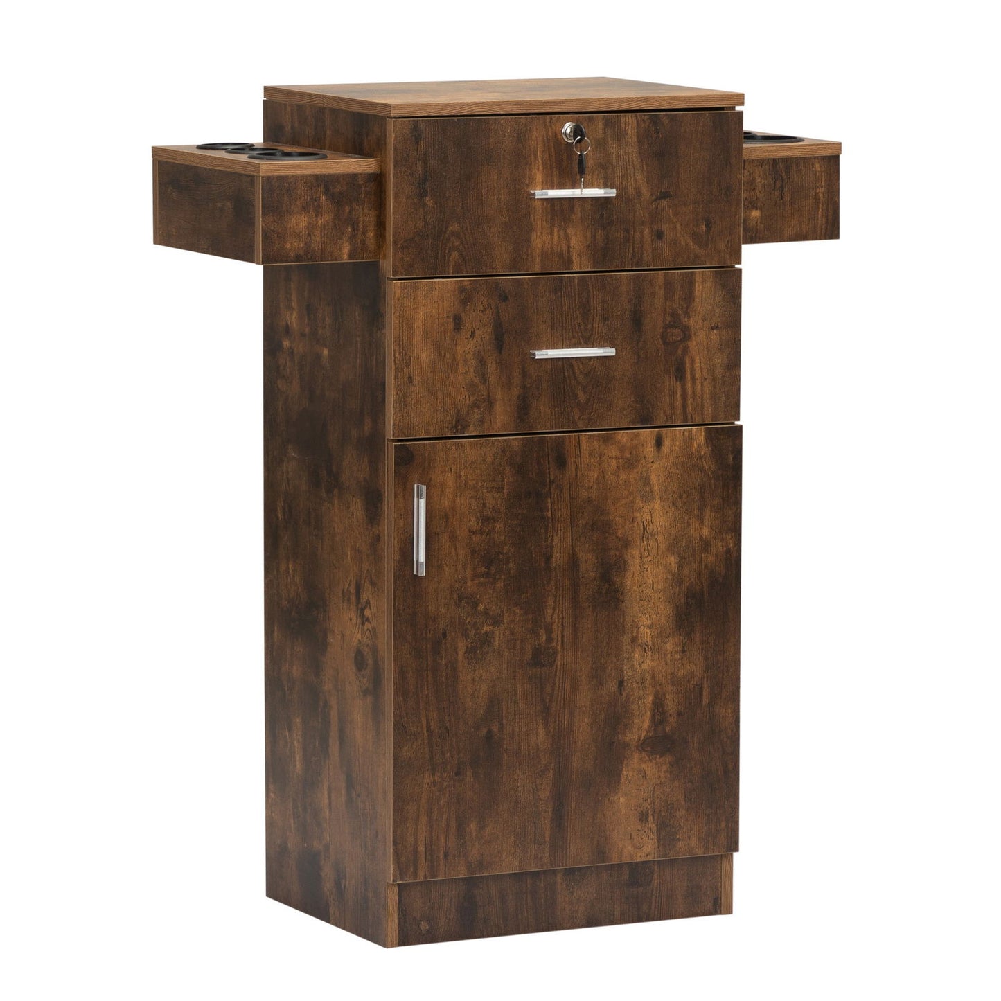 Locking Beauty Salon Station, Hair Styling Barber Station, Spa Salon Equipment with Small Cabinet, Pull-out Drawers, Dryer Holders, Rustic Brown himalipasal