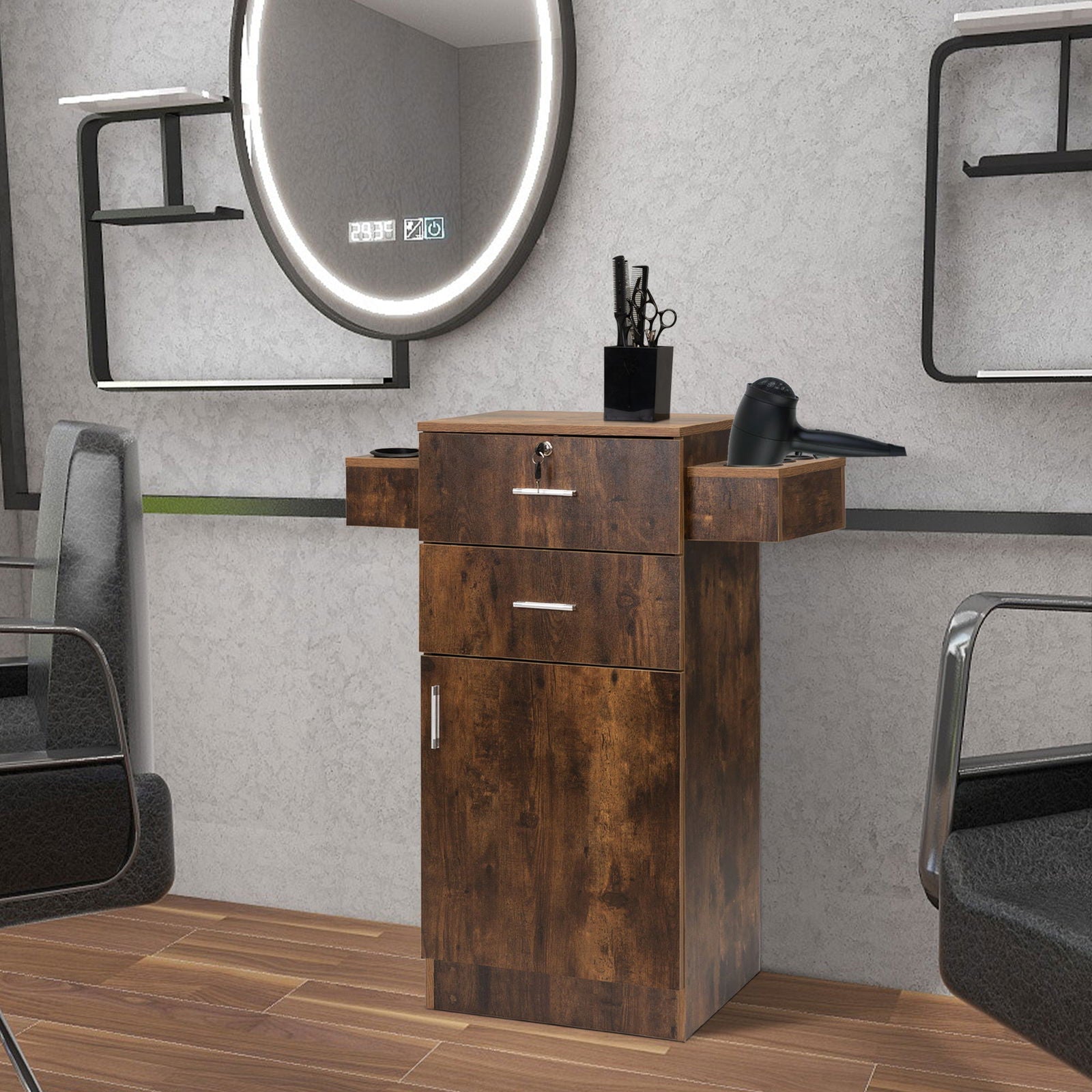 Locking Beauty Salon Station, Hair Styling Barber Station, Spa Salon Equipment with Small Cabinet, Pull-out Drawers, Dryer Holders, Rustic Brown himalipasal