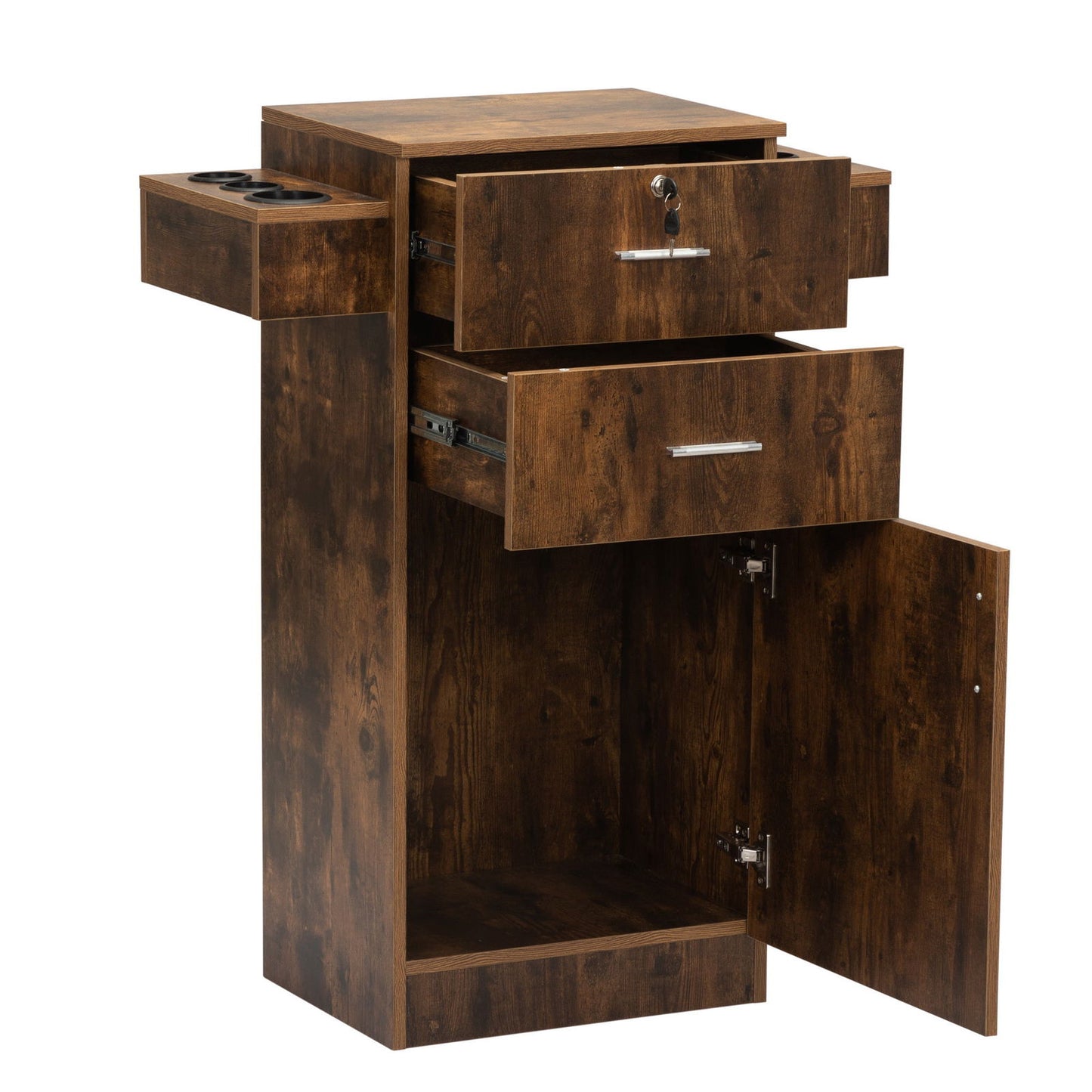 Locking Beauty Salon Station, Hair Styling Barber Station, Spa Salon Equipment with Small Cabinet, Pull-out Drawers, Dryer Holders, Rustic Brown himalipasal