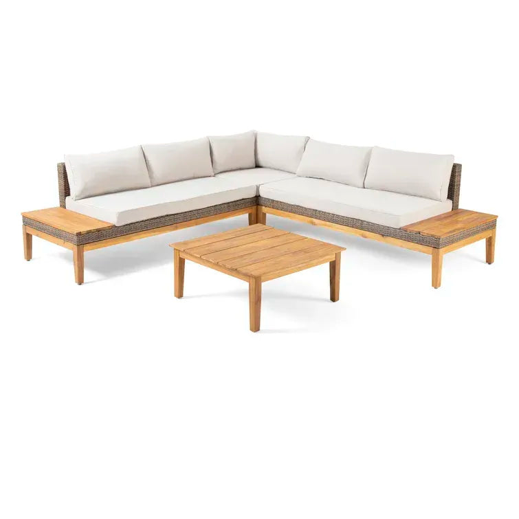 Loft Outdoor Acacia Wood and Wicker 5 Seater Sectional Sofa Set himalipasal