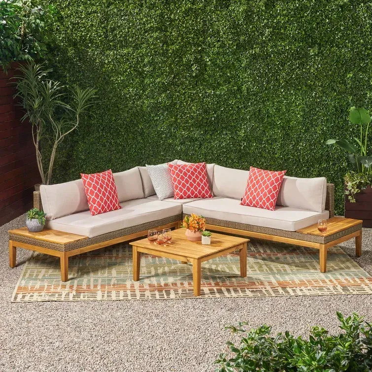 Loft Outdoor Acacia Wood and Wicker 5 Seater Sectional Sofa Set himalipasal