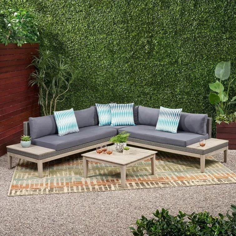 Loft Outdoor Acacia Wood and Wicker 5 Seater Sectional Sofa Set himalipasal