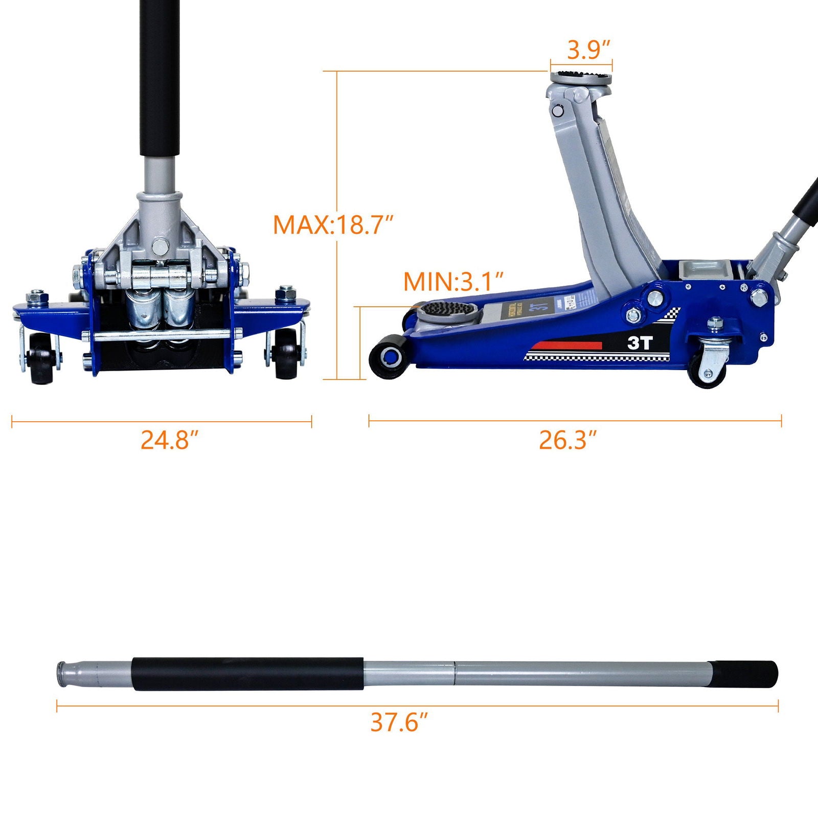 Low-Position Steel Vehicle Floor-mounted Hydraulic Jack with Dual-piston Quick-lift Pump, 3-Ton(6600 lb.) Capacity. himalipasal