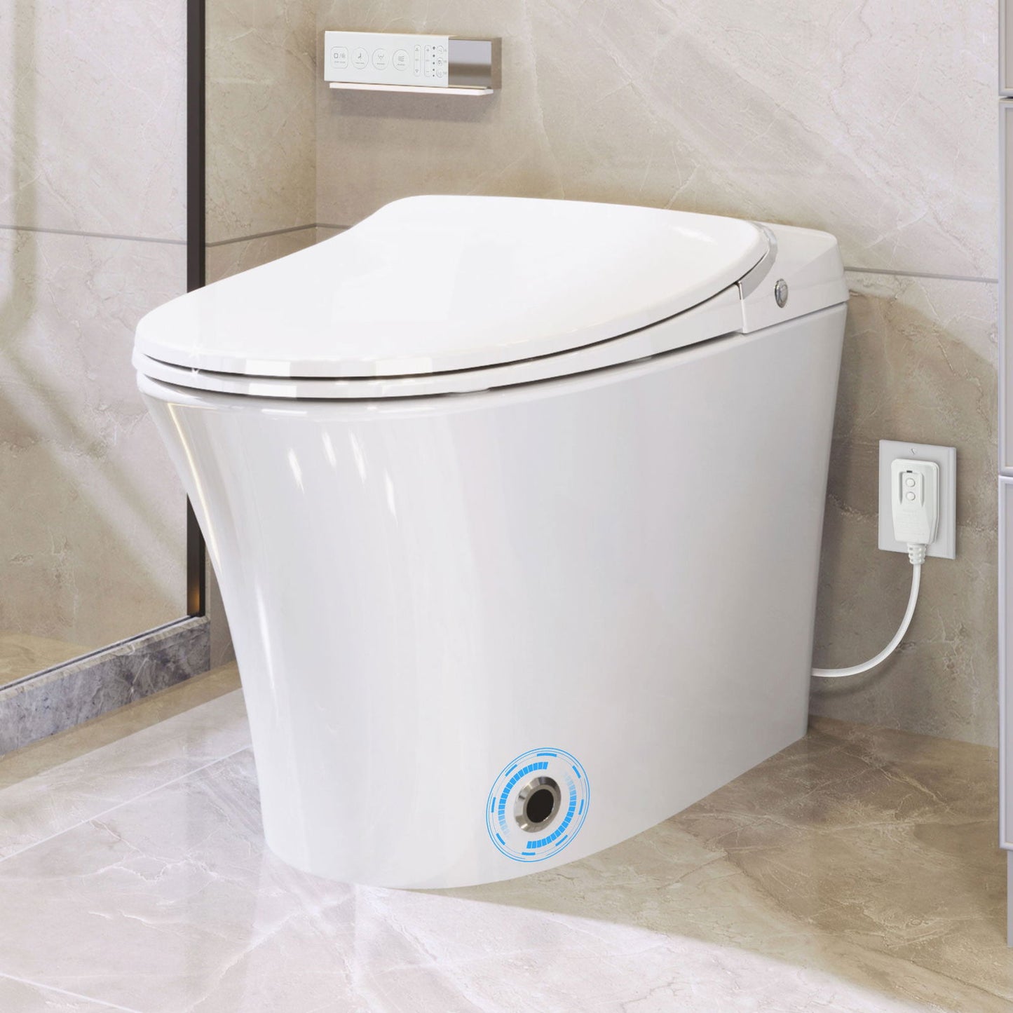 Luxury Smart Toilet with Dryer and warm water, Elongated Bidet Toilet with Heated Seat, with Remote Control, LED Night Light, Power Outage Flushing, Soft Close Cover,Whit himalipasal