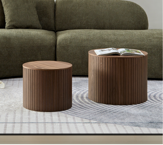 MDF nested table set 2 pieces, handcrafted round coffee table in living/lounge area, walnut color himalipasal