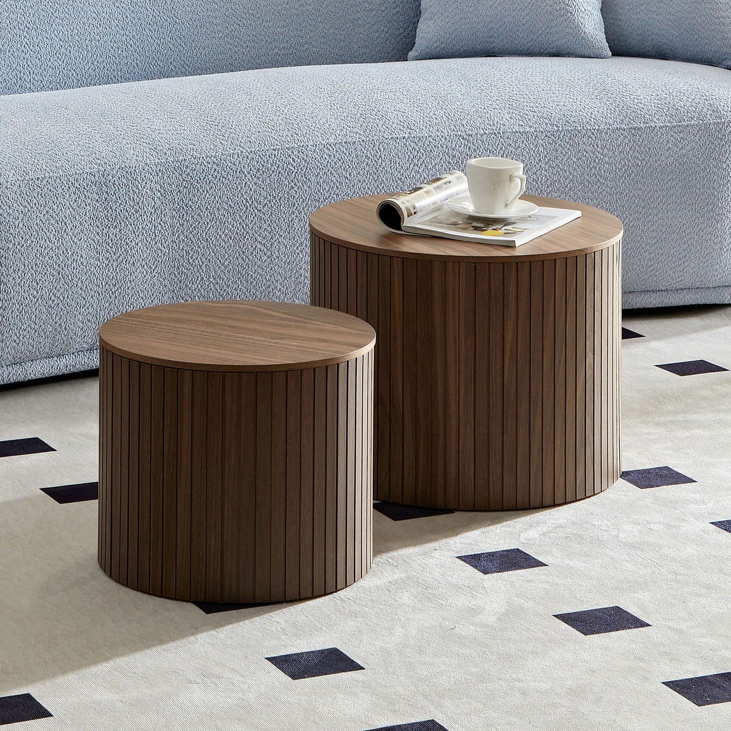 MDF nested table set 2 pieces, handcrafted round coffee table in living/lounge area, walnut color himalipasal