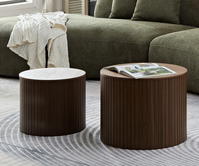 MDF nested table set 2 pieces, handcrafted round coffee table in living/lounge area, walnut color himalipasal