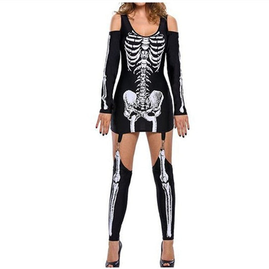 Masquerade Skull Skeleton Printed Sexy off Shoulder Halloween Costume Dark Performance Wear himalipasal