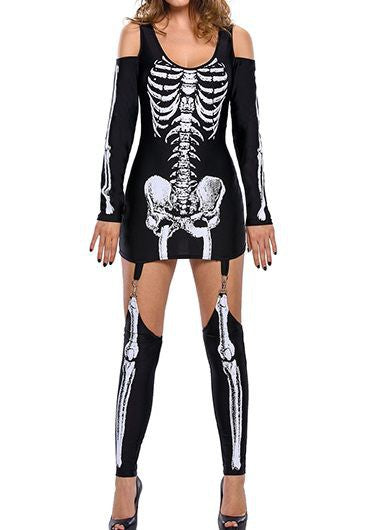 Masquerade Skull Skeleton Printed Sexy off Shoulder Halloween Costume Dark Performance Wear himalipasal