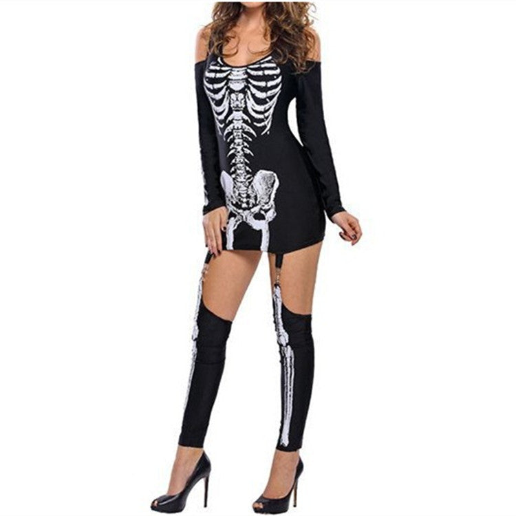 Masquerade Skull Skeleton Printed Sexy off Shoulder Halloween Costume Dark Performance Wear himalipasal