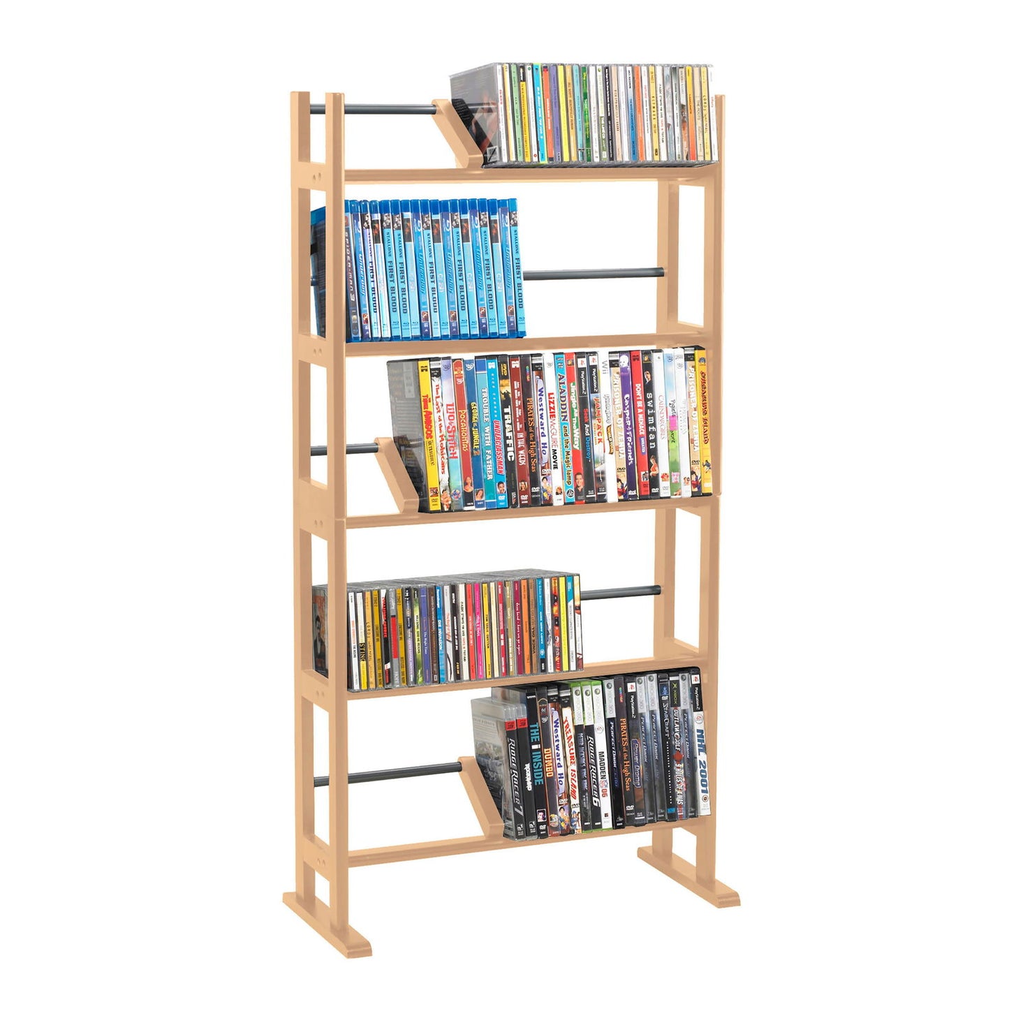 Media Storage Rack with Sliding Dividers in Maple himalipasal