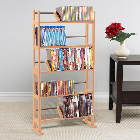 Media Storage Rack with Sliding Dividers in Maple himalipasal