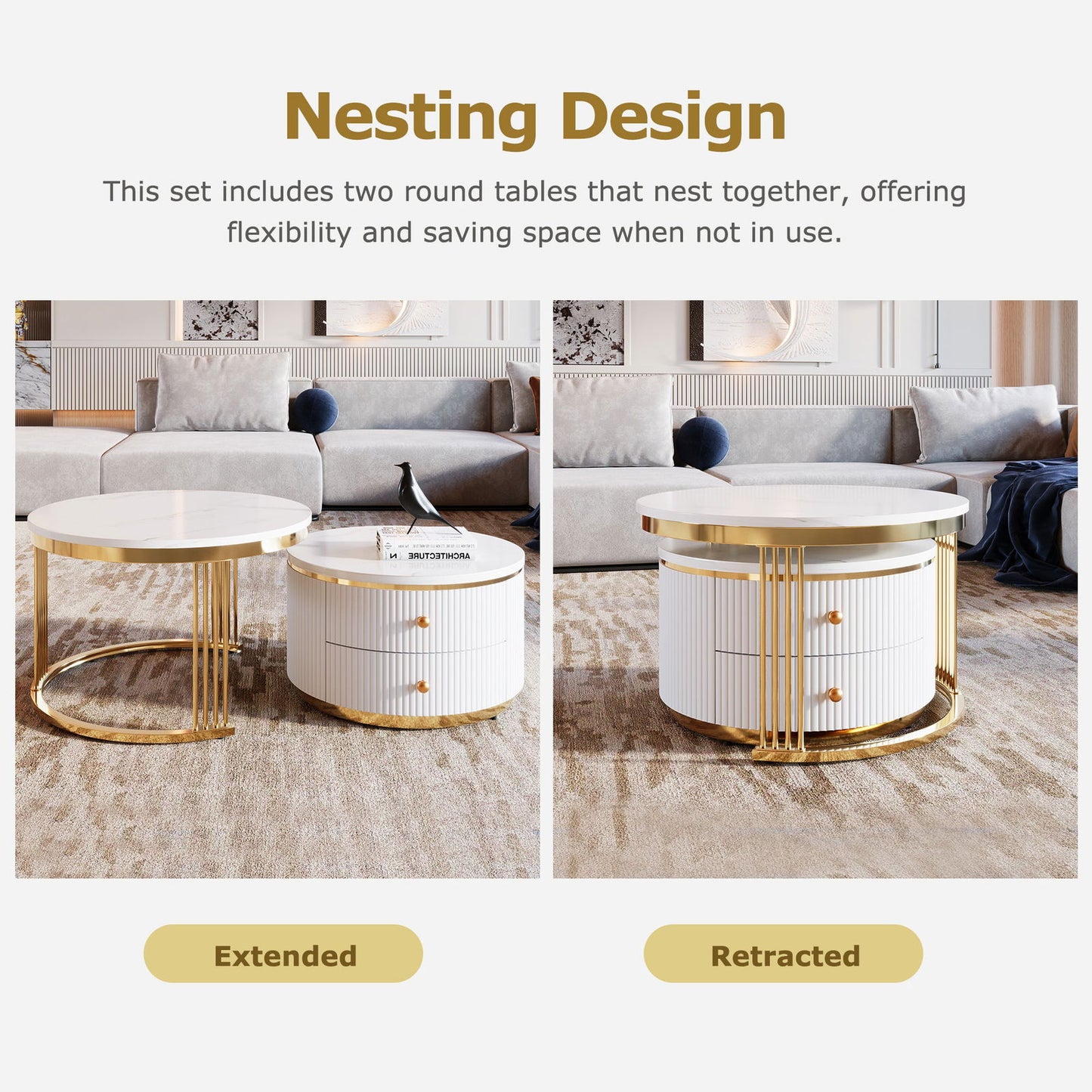 Modern 2 Pieces White Round Nesting Coffee Table with Drawers in 27.6'' himalipasal