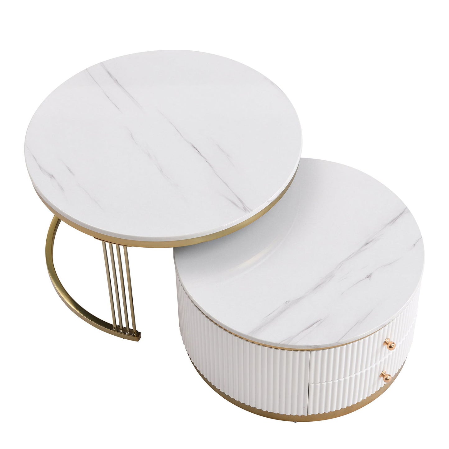 Modern 2 Pieces White Round Nesting Coffee Table with Drawers in 27.6'' himalipasal