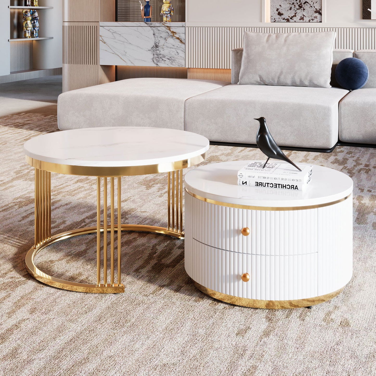 Modern 2 Pieces White Round Nesting Coffee Table with Drawers in 27.6'' himalipasal