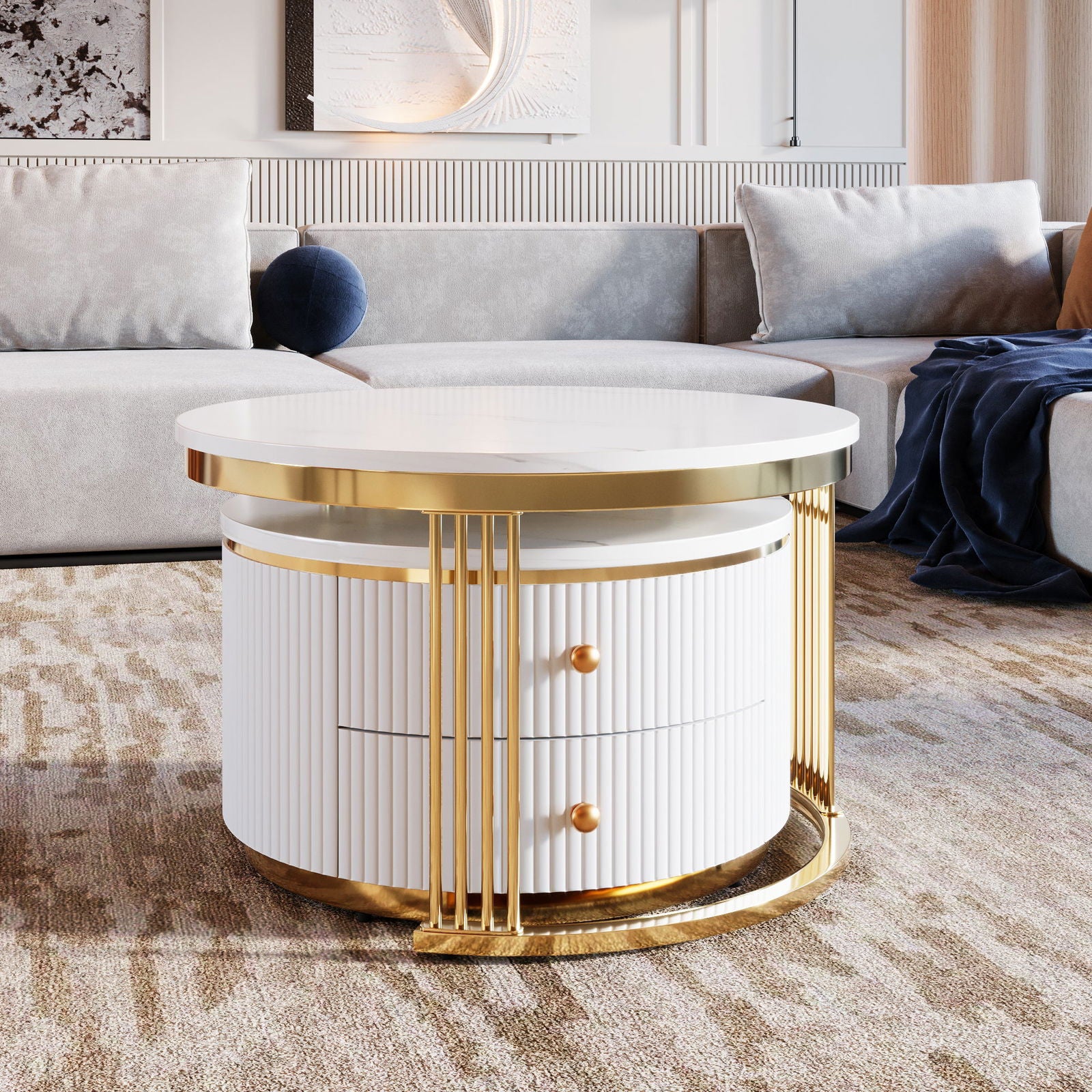 Modern 2 Pieces White Round Nesting Coffee Table with Drawers in 27.6'' himalipasal