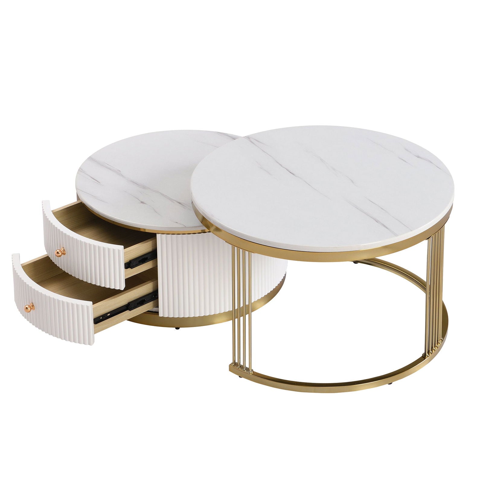 Modern 2 Pieces White Round Nesting Coffee Table with Drawers in 27.6'' himalipasal