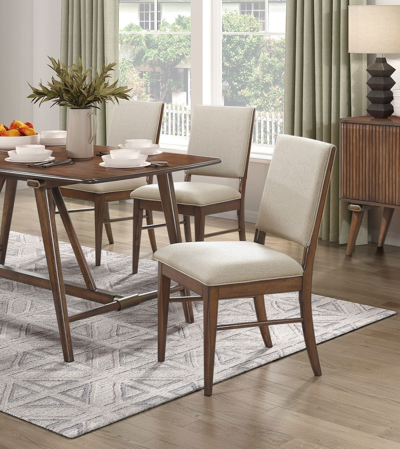 Modern Design 7pc Dining Set Table and 6x Side Chairs Fabric Upholstered Seat Back Brown Finish Wooden Dining Kitchen Furniture himalipasal