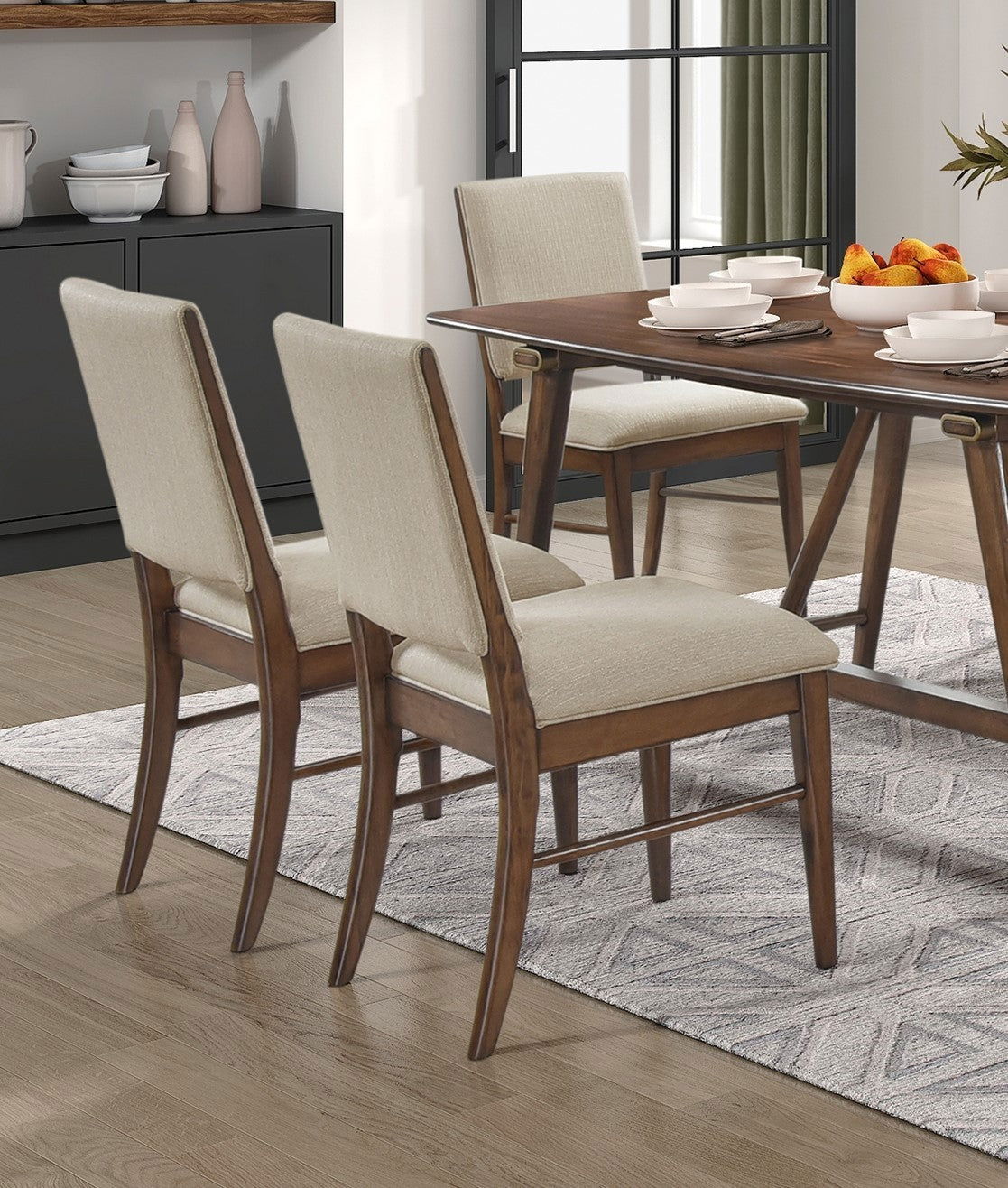 Modern Design 7pc Dining Set Table and 6x Side Chairs Fabric Upholstered Seat Back Brown Finish Wooden Dining Kitchen Furniture himalipasal