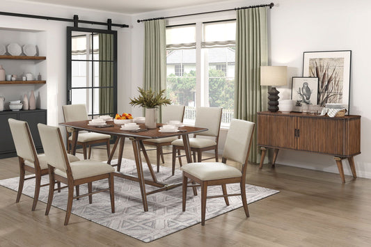 Modern Design 7pc Dining Set Table and 6x Side Chairs Fabric Upholstered Seat Back Brown Finish Wooden Dining Kitchen Furniture himalipasal