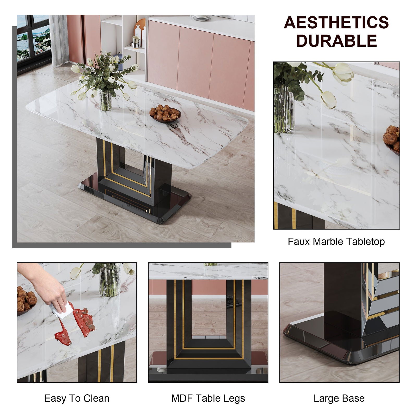 Modern Dining Table Set, 7-Piece Faux Marble Kitchen Table for 6-8, Glass Rectangular Dining Room Table with U-shaped Table Legs, Dining Table & 6 Chairs himalipasal