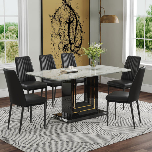 Modern Dining Table Set, 7-Piece Faux Marble Kitchen Table for 6-8, Glass Rectangular Dining Room Table with U-shaped Table Legs, Dining Table & 6 Chairs himalipasal