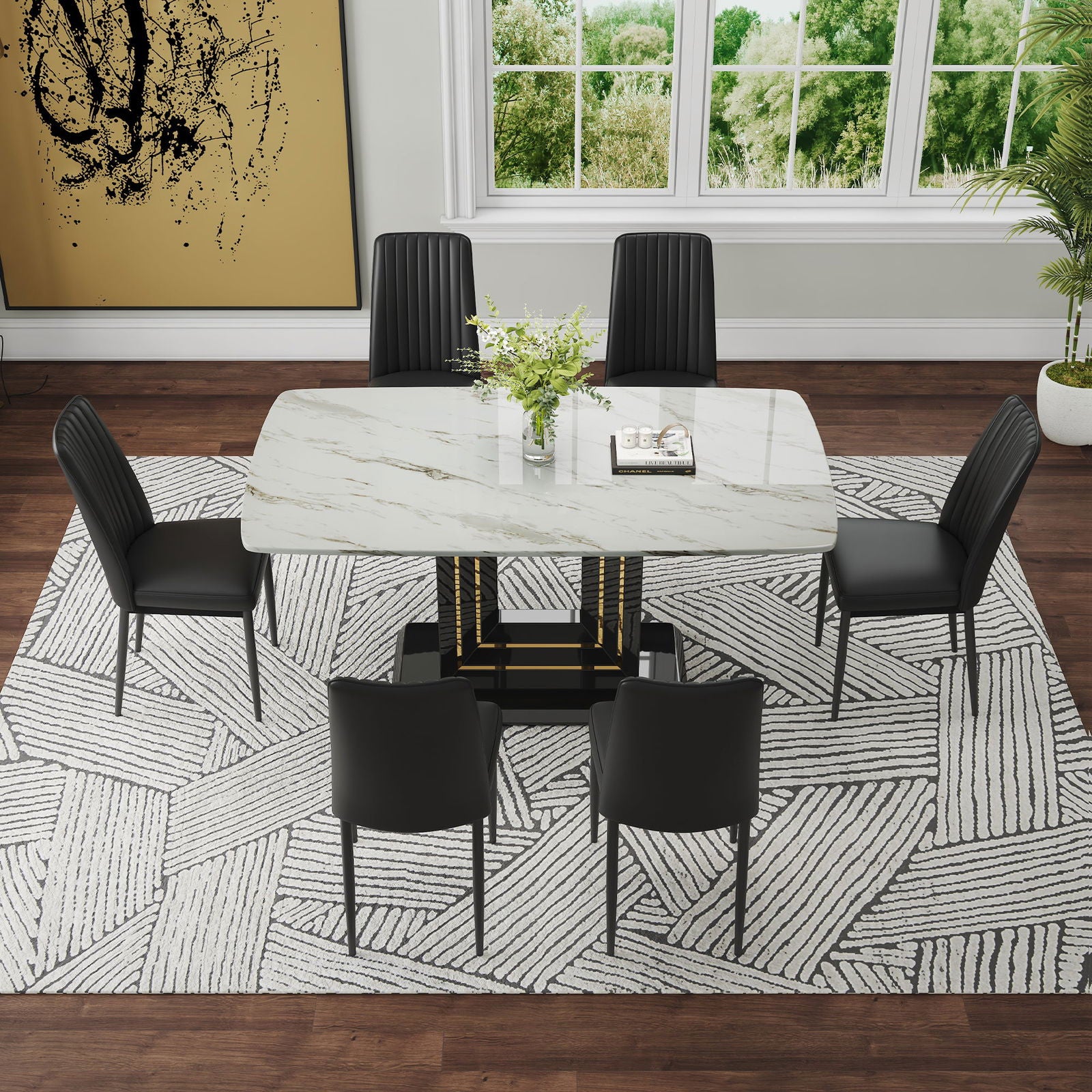 Modern Dining Table Set, 7-Piece Faux Marble Kitchen Table for 6-8, Glass Rectangular Dining Room Table with U-shaped Table Legs, Dining Table & 6 Chairs himalipasal