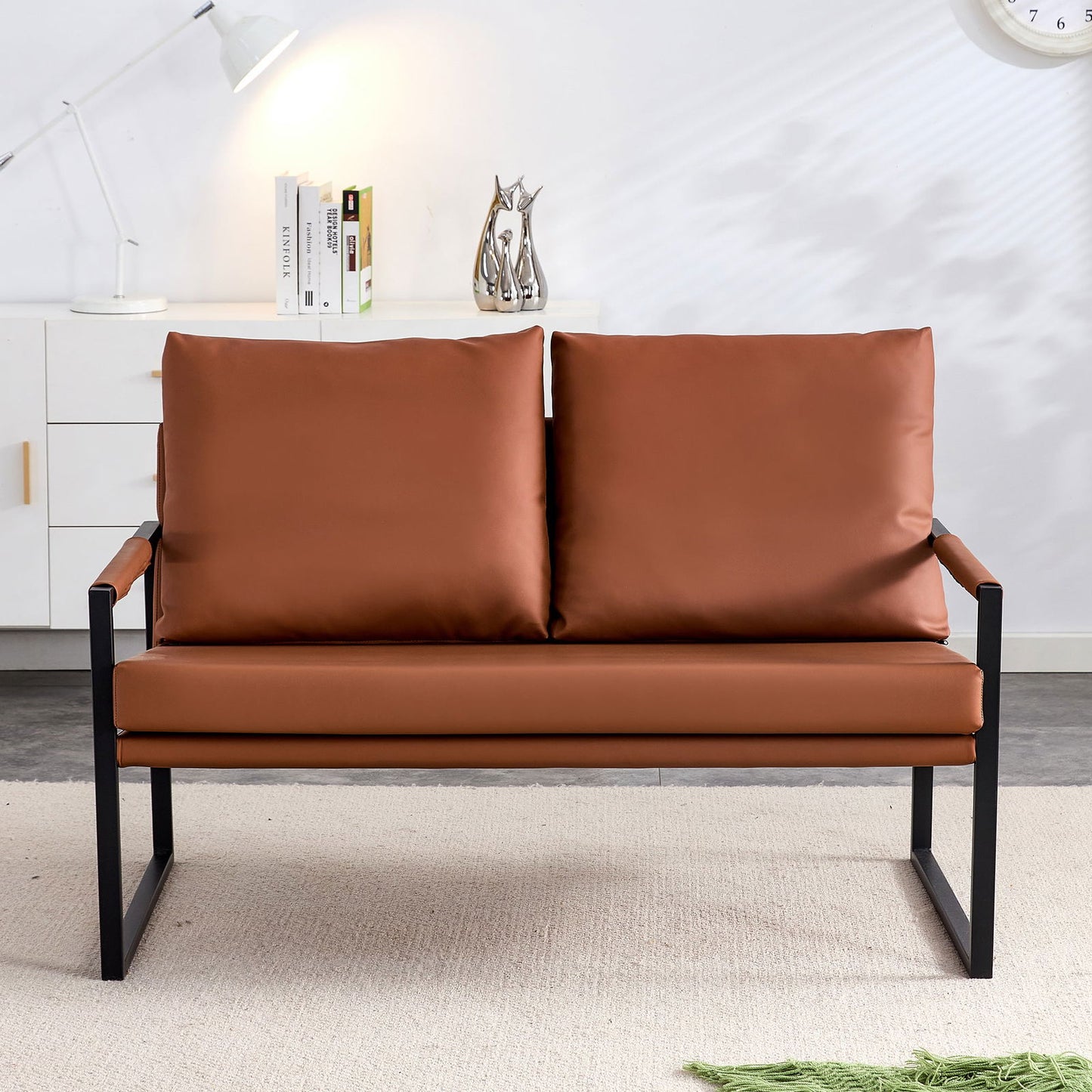 Modern Two-Seater Sofa Chair with 2 Pillows - PU Leather, High-Density Foam, Black Coated Metal Frame.Brown SF-D008 himalipasal