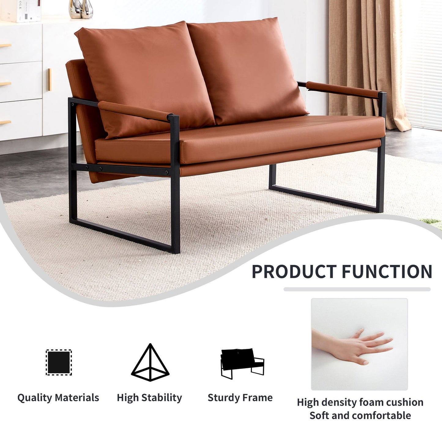 Modern Two-Seater Sofa Chair with 2 Pillows - PU Leather, High-Density Foam, Black Coated Metal Frame.Brown SF-D008 himalipasal