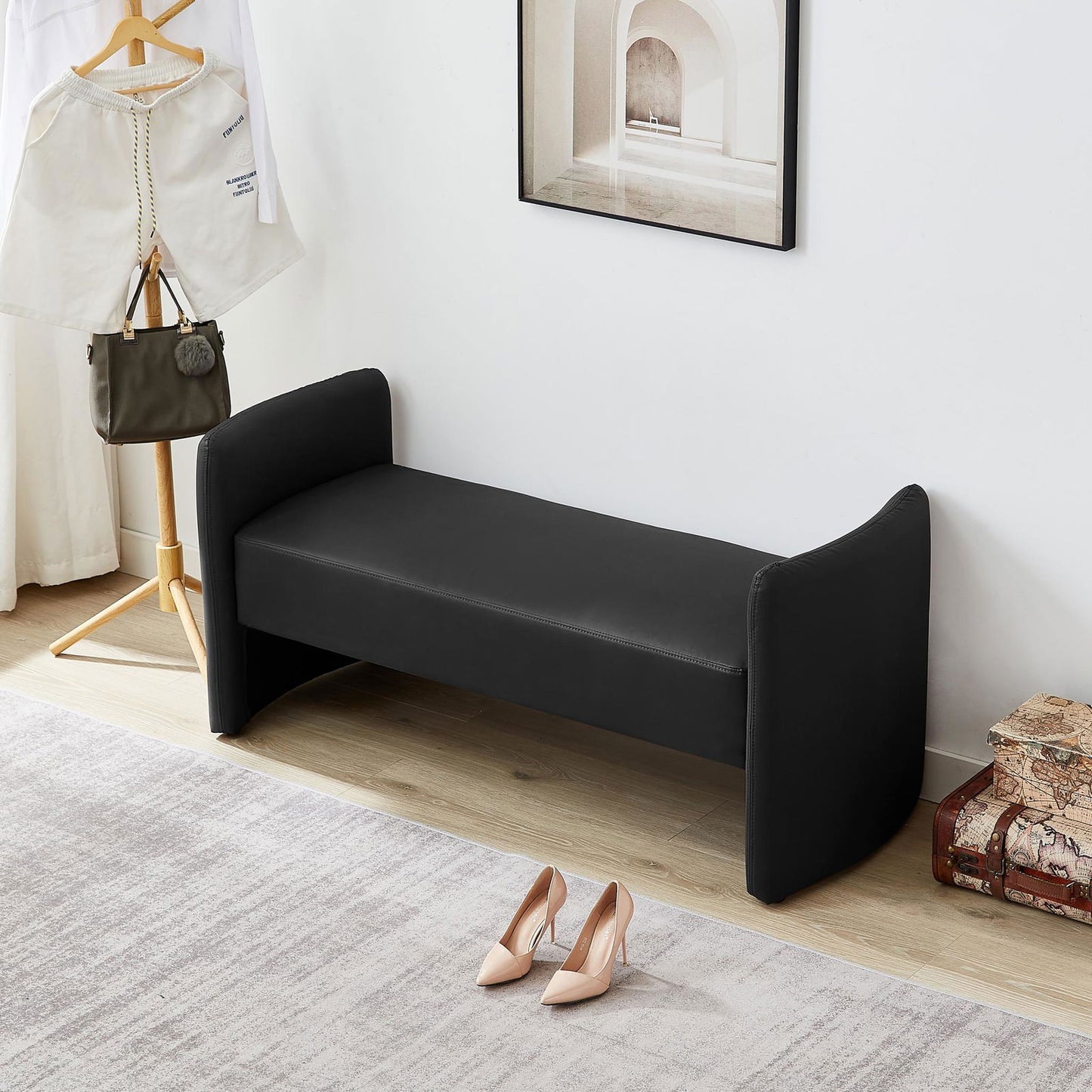 Modern Upholstered Bed Bench Entryway BenchOttoman with Armrest himalipasal