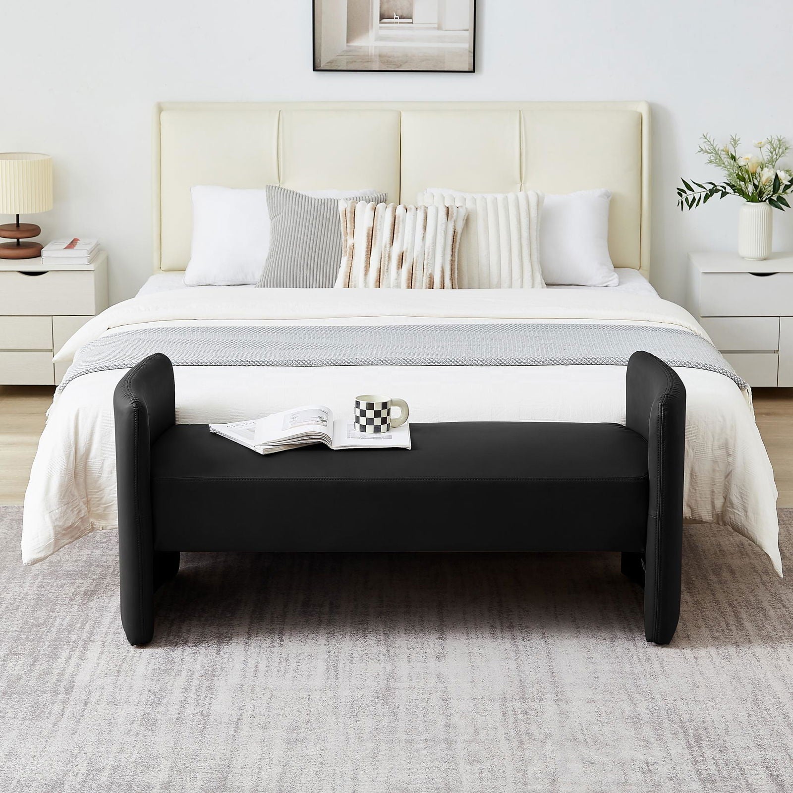 Modern Upholstered Bed Bench Entryway BenchOttoman with Armrest himalipasal