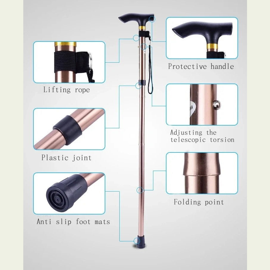 Mountaineering Pole Folding Walking Cane Portable Anti-Slip Elderly T Handle Walking Stick Outdoor Unisex Adjustable Hiking Pole himalipasal