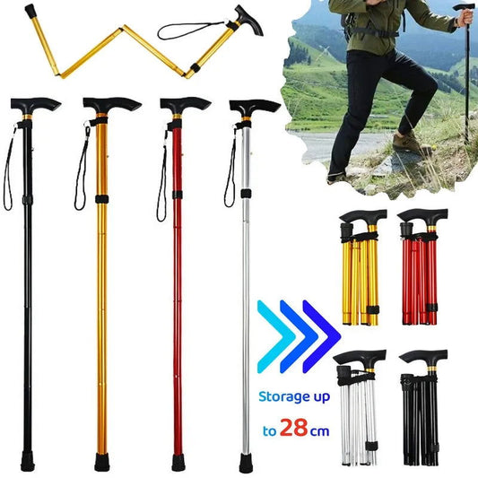 Mountaineering Pole Folding Walking Cane Portable Anti-Slip Elderly T Handle Walking Stick Outdoor Unisex Adjustable Hiking Pole himalipasal