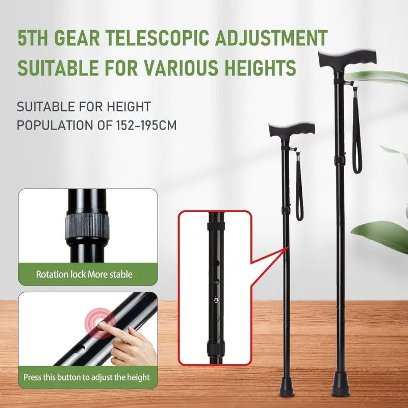 Mountaineering Pole Folding Walking Cane Portable Anti-Slip Elderly T Handle Walking Stick Outdoor Unisex Adjustable Hiking Pole himalipasal