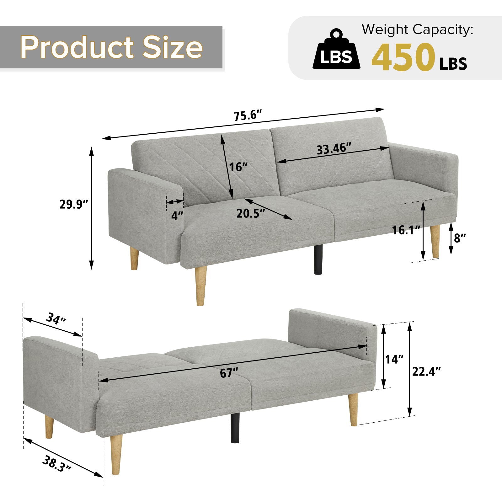 Multi-Functional Futon Sofa Bed :Tapered Wood Legs - Ideal for Small Living Rooms - Multi-Color Fabric Options - Easily Converts to Single Bed,Grey himalipasal