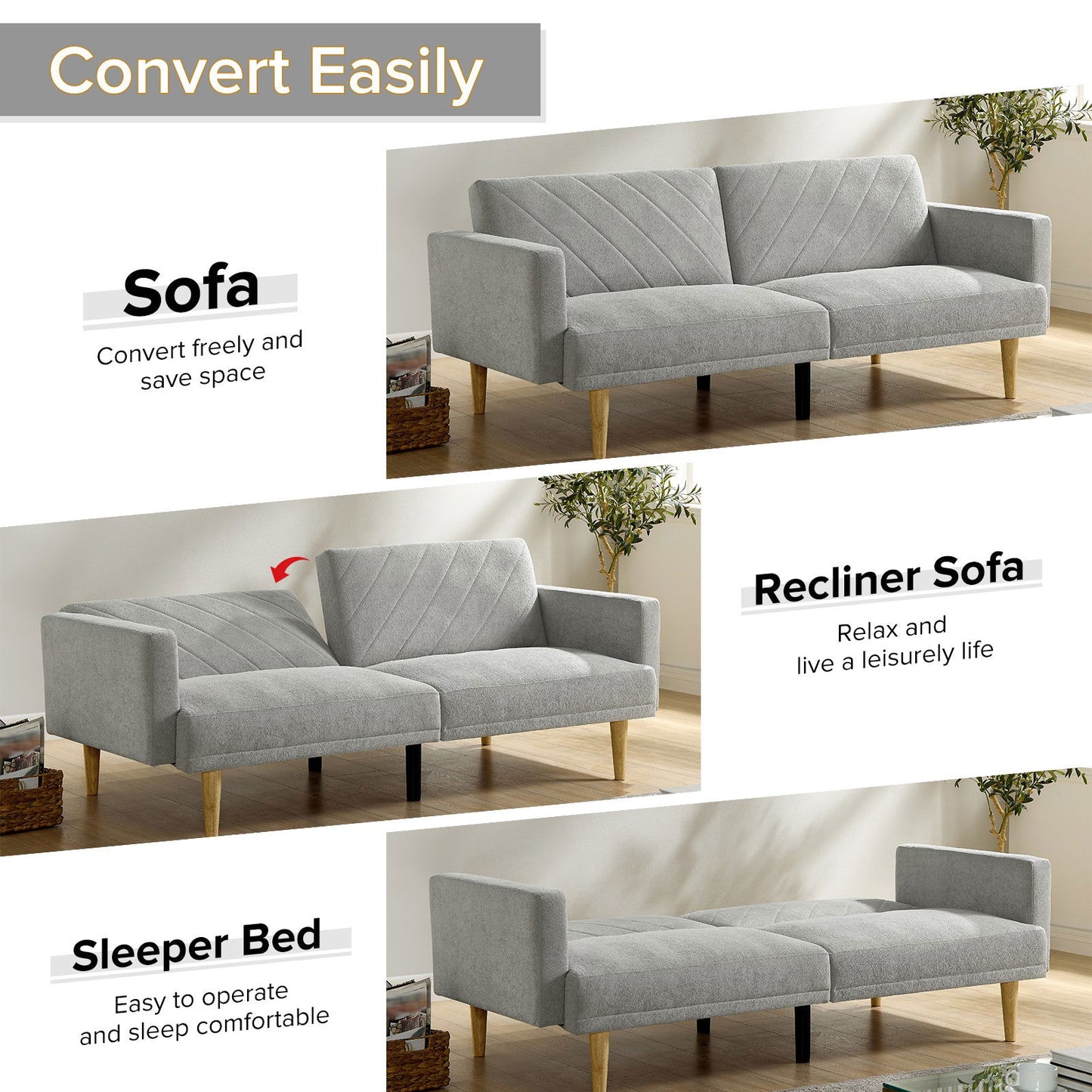 Multi-Functional Futon Sofa Bed :Tapered Wood Legs - Ideal for Small Living Rooms - Multi-Color Fabric Options - Easily Converts to Single Bed,Grey himalipasal