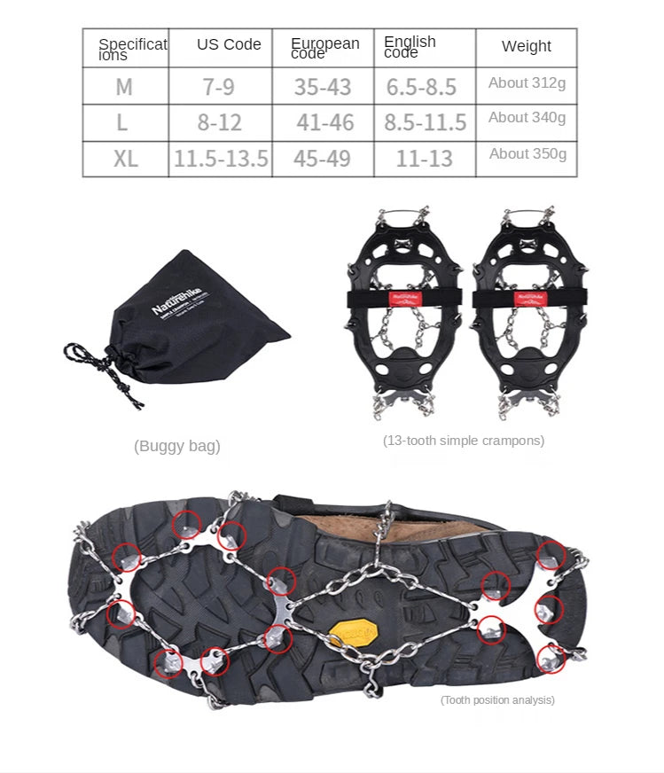 Naturehike NEW 13 /19 Teeth Anti-slip Climbing Crampons Outdoor Winter Ice Claws Snow Gripper Hiking Shoe Boot Grips Chain Spike himalipasal