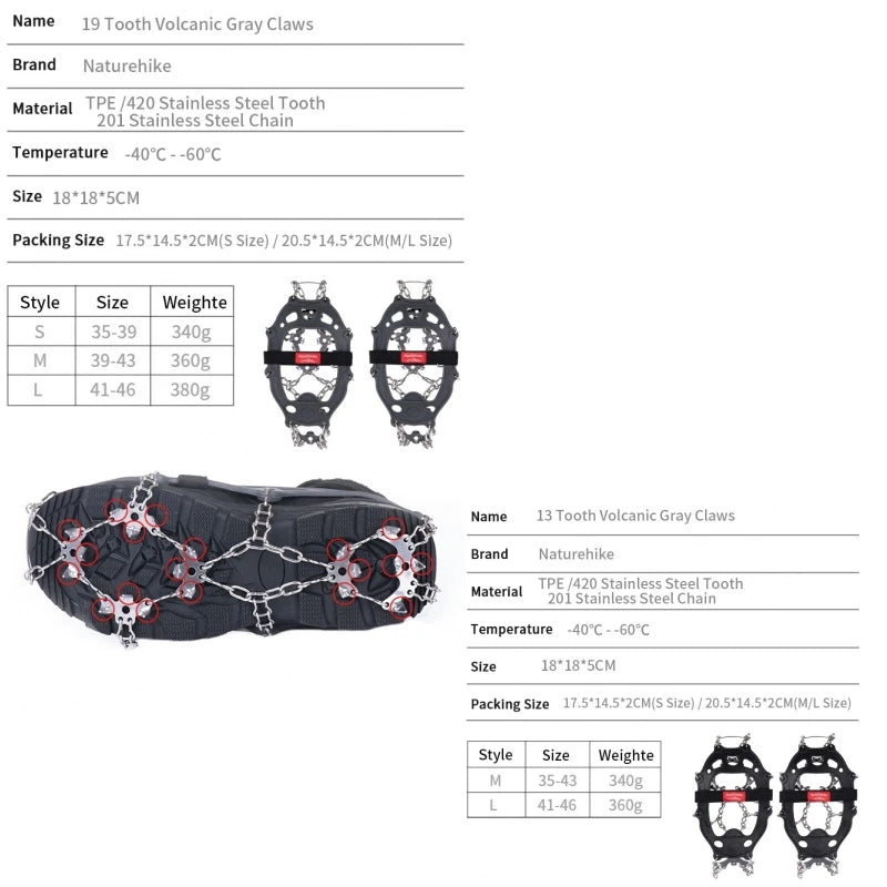 Naturehike NEW 13 /19 Teeth Anti-slip Climbing Crampons Outdoor Winter Ice Claws Snow Gripper Hiking Shoe Boot Grips Chain Spike himalipasal