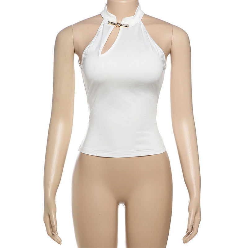 Spring Summer Women Clothing Personalized Stand Collar Open Solid Color Slim Fit Sexy Sleeveless T shirt Vest Women