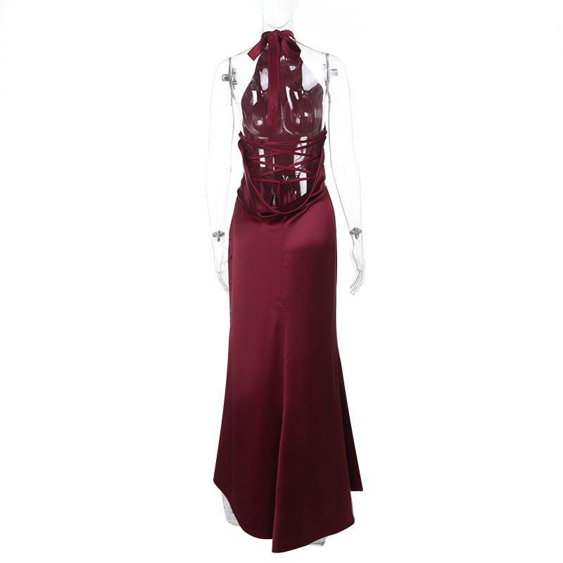Sexy Backless Halter Satin Dress Women Elegant Dress Maxi Dress