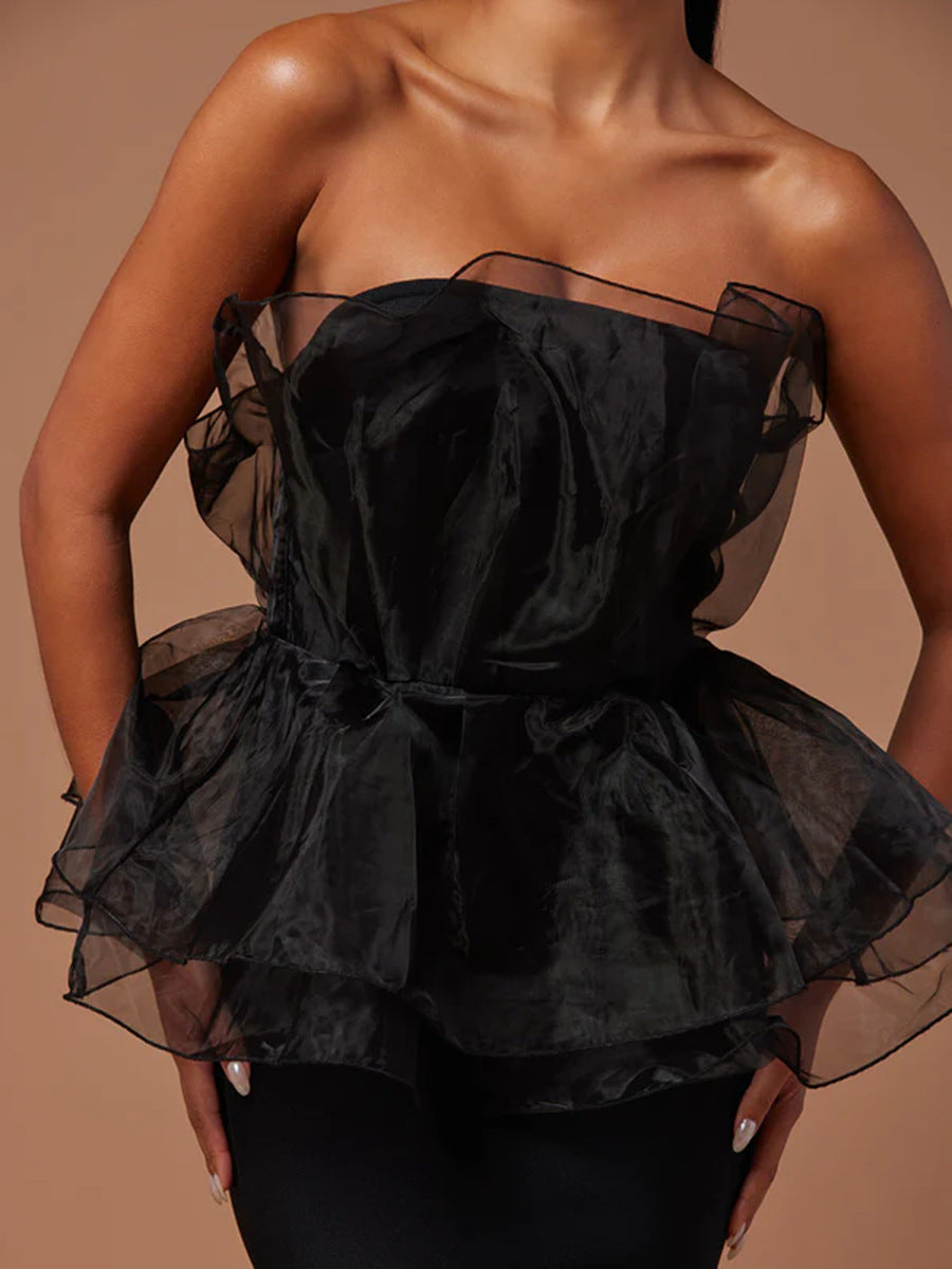 Women Stitching Mesh Design High Waist Sheath Maxi Dress