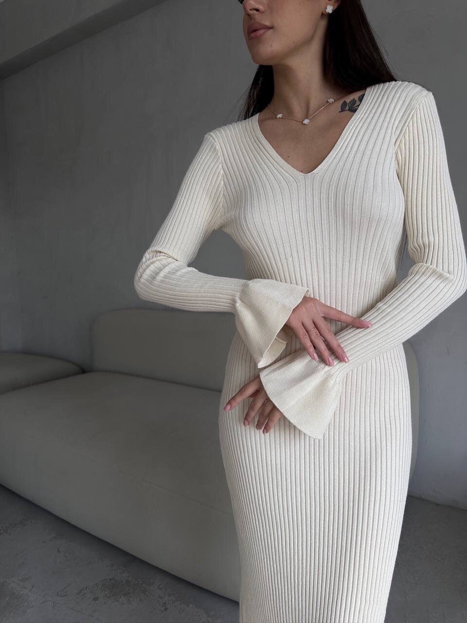 Long Sleeve V neck Tight Knitted Dress Solid Color Rib Fabric Wool Long Autumn Winter Dress