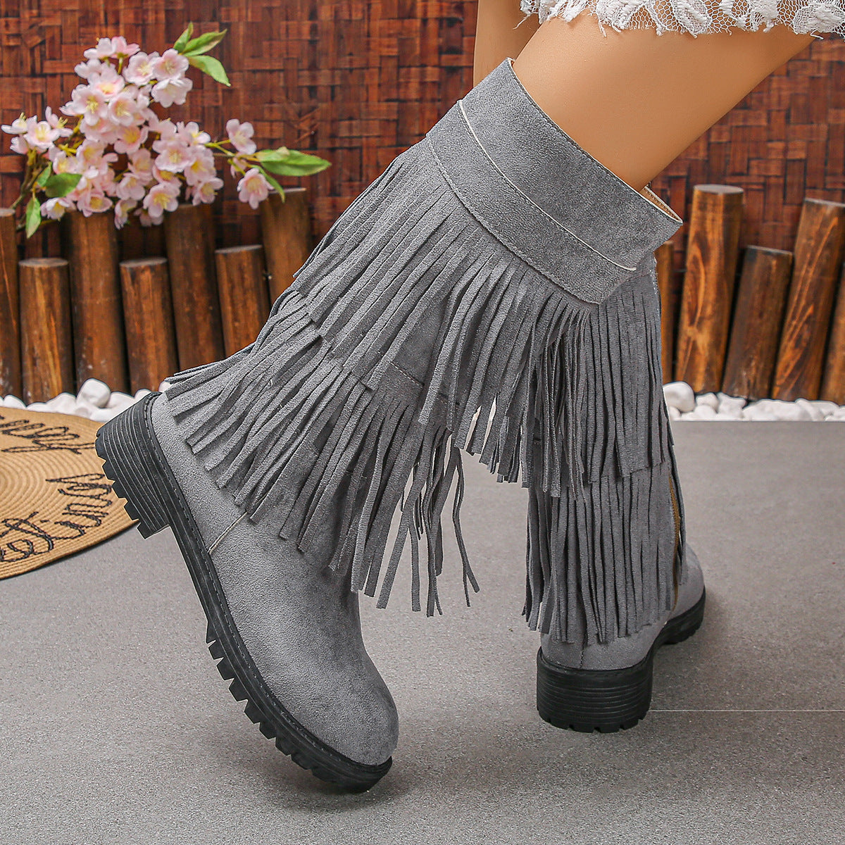 Suede Double Layer Tassel Boots Women Chunky Heel Side Zip High Tube Cowboy Boot