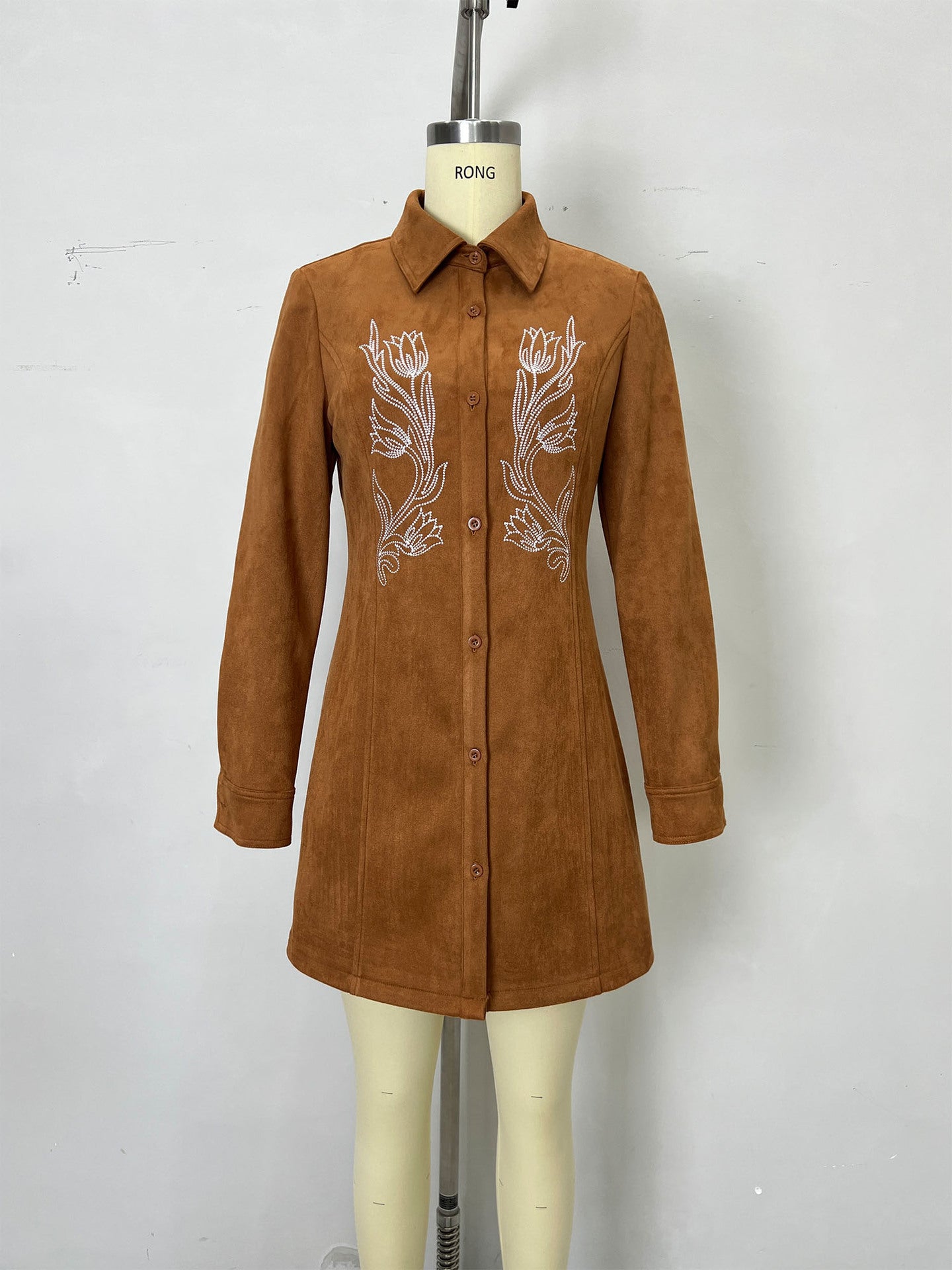 Women Autumn Winter Collared Single Row Multi Buckle Embroidered Suede Long Sleeved Shirt Mid Length Dress