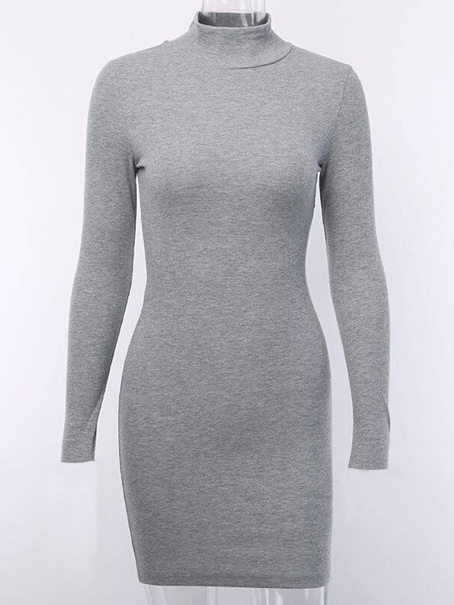 Winter Women Sexy Slim Knit Rib Half High Collar Long Sleeves Short Dress